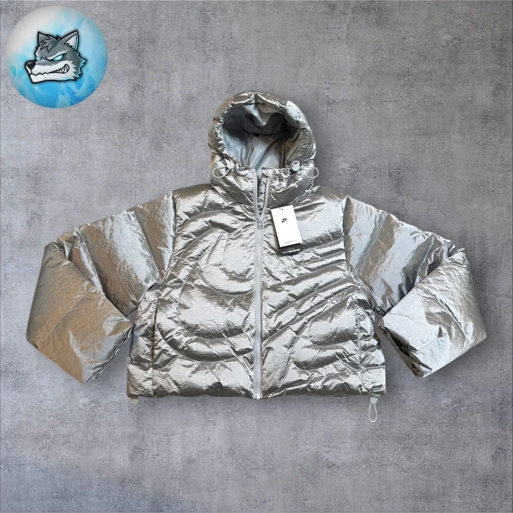 Nike Swoosh Series Therma-FIT Oversize Down Puffer Jacket Sz S Silver IB2003-095